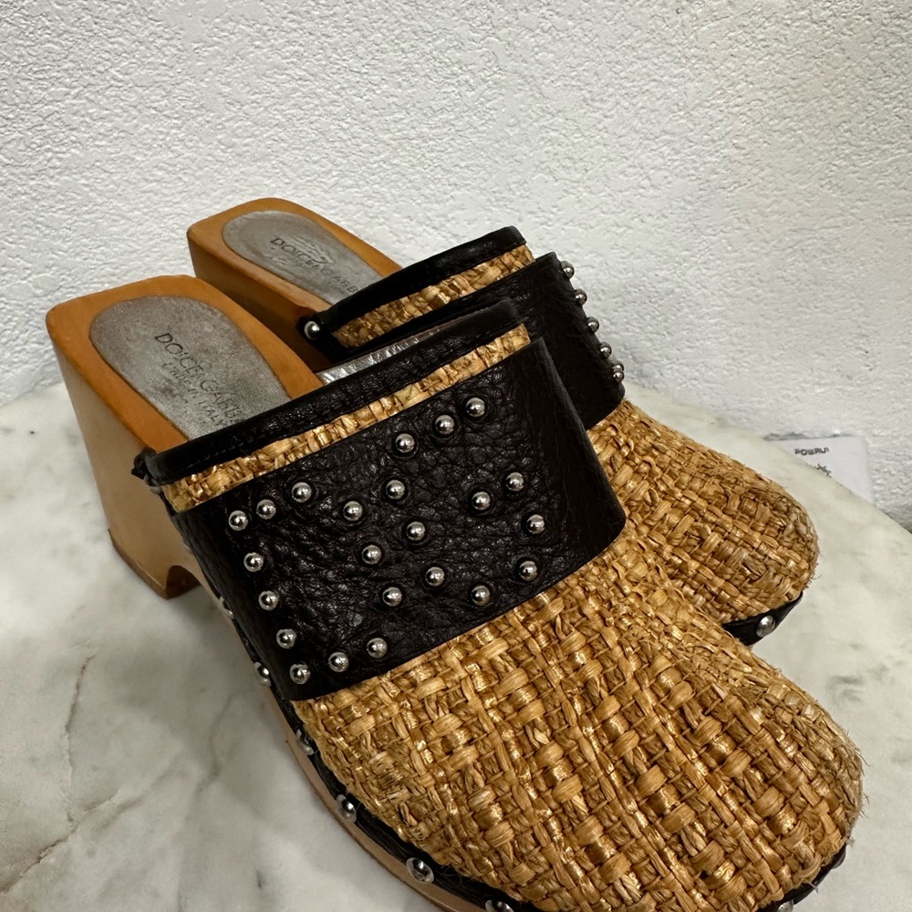 Dolce & Gabbana, VINTAGE , Rafia w/ Leather, Logo & Wood Platform Clogs, Sz  36 - Picture 3 of 13